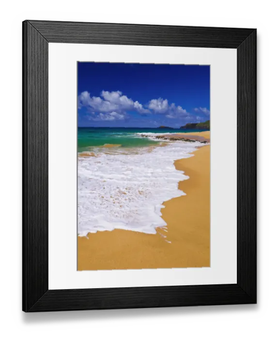 Framed Print : Surf, sand and blue green waters at Secret Beach (Kauapea Beach), Kilauea Lighthouse visible