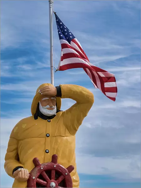 Fisherman statue outside Goodrich Seafood, Oak Hill, Florida, USA
