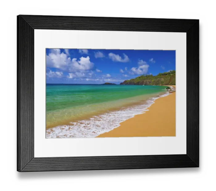 Framed Print : Surf, sand and blue green waters at Secret Beach (Kauapea Beach), Kilauea Lighthouse visible Framed Print : Surf, sand and blue green waters at Secret Beach (Kauapea Beach), Kilauea Lighthouse visible