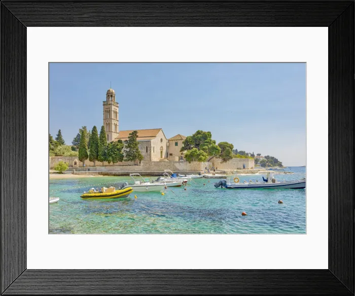 Framed Print : Croatia, Hvar. Franciscan monastery and boats in harbor Framed Print : Croatia, Hvar. Franciscan monastery and boats in harbor