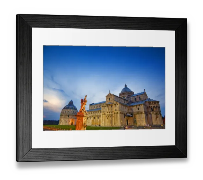 Framed Print : Europe, Italy, Pisa. Pisa Cathedral and statue at sunset