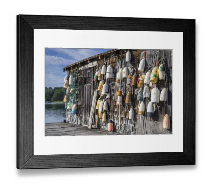 Framed Print : USA, Maine, Cape Neddick. Lobster shack with buoys
