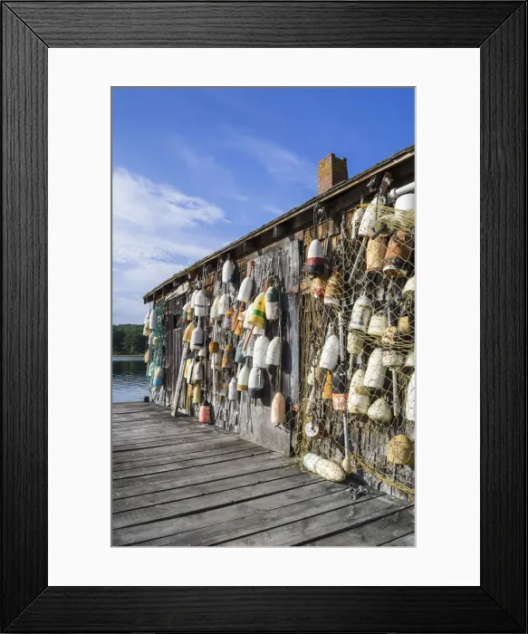 Framed Print : USA, Maine, Cape Neddick. Lobster shack with buoys