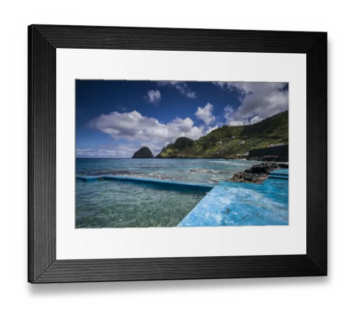 Framed Print : Portugal, Azores, Santa Maria Island, Sao Lourenco. Town beach swimming platforms