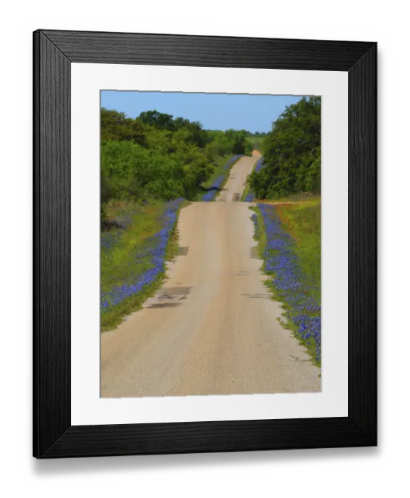 Framed Print : Dirt road Texas Hill Country lined with blue Bonnets Framed Print : Dirt road Texas Hill Country lined with blue Bonnets