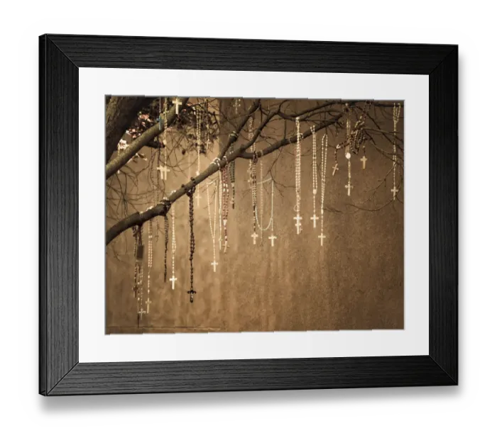 Framed Print : USA, New Mexico. Rosaries hang from a tree outside of the Loretto Chapel in Santa Fe