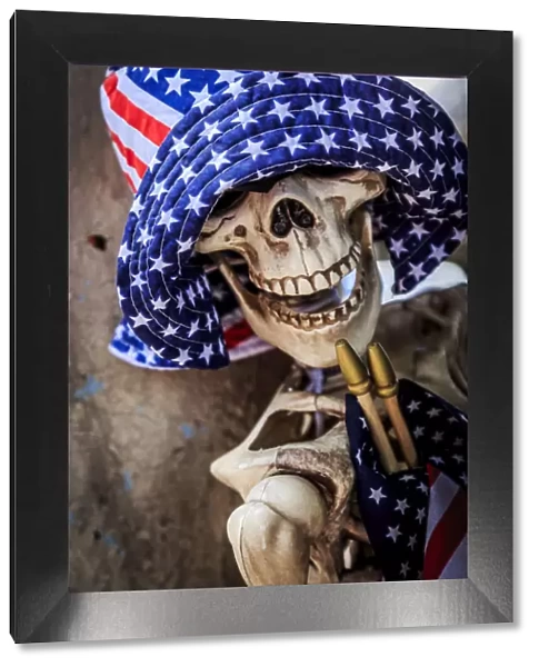 USA, Oregon, Redmond, Bend. Skeleton decorated for 4th of July