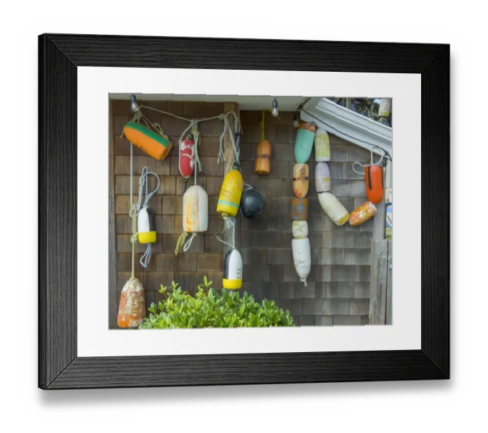 Framed Print : USA, Oregon, Cannon Beach. Buoys hang on side of house Framed Print : USA, Oregon, Cannon Beach. Buoys hang on side of house
