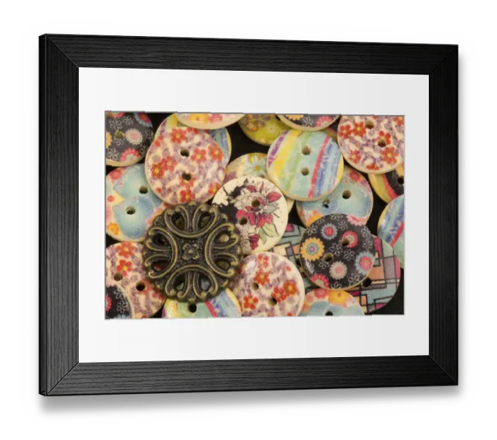 Framed Print : USA, Martinsville, Indiana. Macro of a pile of buttons