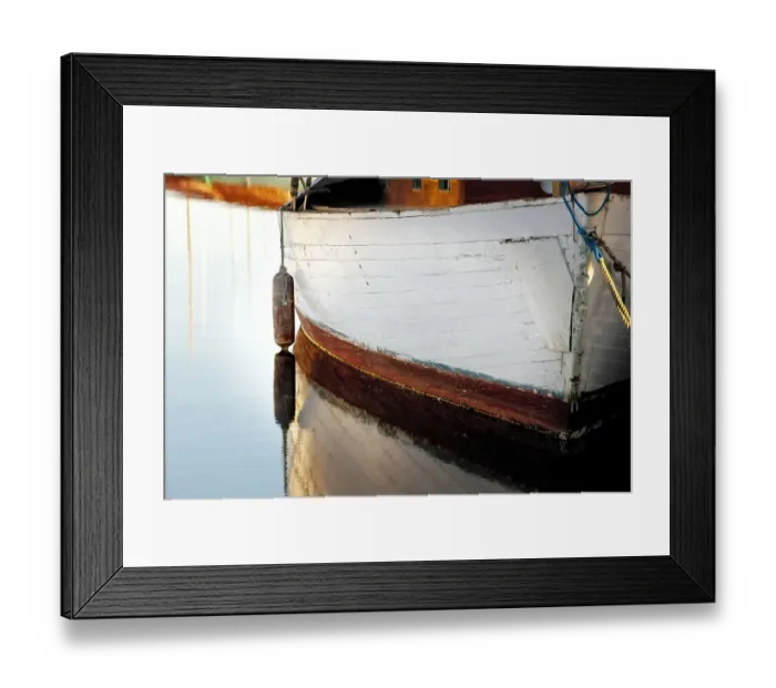 Framed Print : USA, Washington State, Seattle. Wooden boat reflects on lake