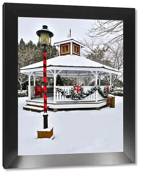 Christmas time and snow covering park in town of Snoqualmie, Washington State