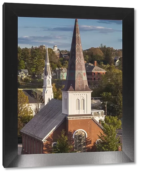 USA, Vermont, Montpelier. Elevated view of church steeples