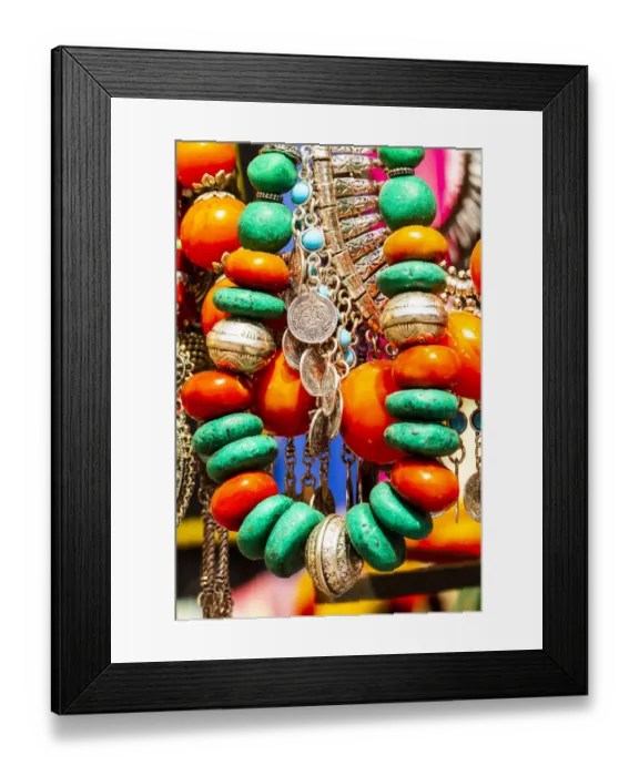Framed Print : Marrakech, Morocco. Jewelry, turquoise, silver, amber Framed Print : Marrakech, Morocco. Jewelry, turquoise, silver, amber