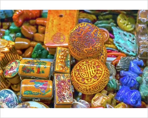 Old colorful Chinese ceramic souvenirs. Snuff boxes, Panjuan Flea Market, Beijing, China