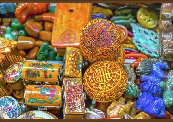 Old colorful Chinese ceramic souvenirs. Snuff boxes, Panjuan Flea Market, Beijing, China