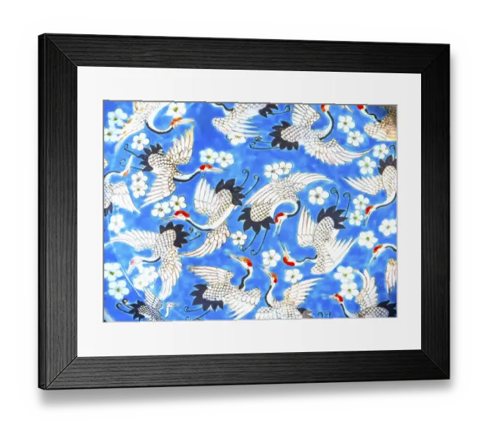 Framed Print : Old Chinese design blue, white and red cranes ceramic plate, Panjuan Flea Market, Beijing, China Framed Print : Old Chinese design blue, white and red cranes ceramic plate, Panjuan Flea Market, Beijing, China