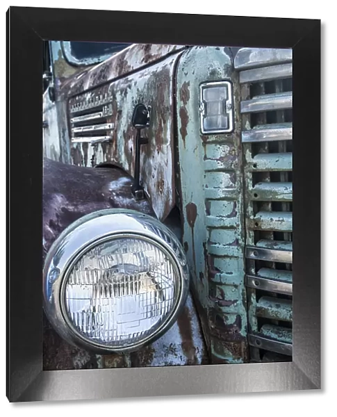USA, Palouse, Washington State. Detail of a rusty International KB-11 truck in the Palouse