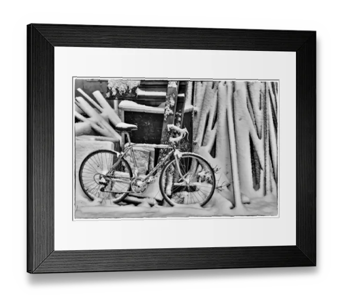 Framed Print : Fresh snow on bike, town of Snoqualmie Framed Print : Fresh snow on bike, town of Snoqualmie