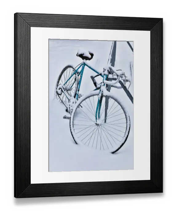Framed Print : Fresh snow on bike, town of Snoqualmie