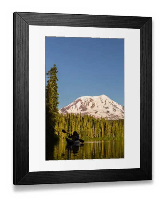 Framed Print : USA, Washington State. Woman kayaker paddles on calm, scenic Takhlakh Lake with Mt Framed Print : USA, Washington State. Woman kayaker paddles on calm, scenic Takhlakh Lake with Mt