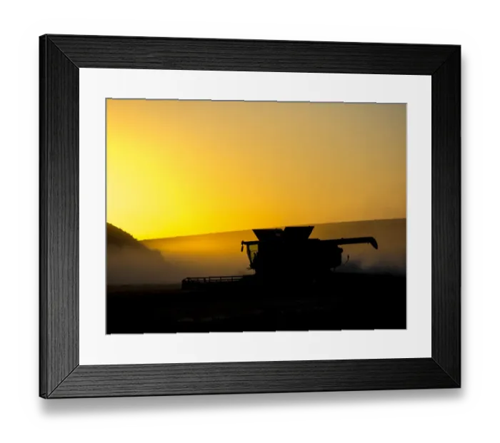 Framed Print : USA, Washington State, Palouse. Combine harvesting at sunset