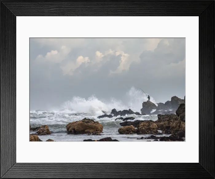 Framed Print : Africa, Morocco, Casablanca. Man fishing amid ocean waves Framed Print : Africa, Morocco, Casablanca. Man fishing amid ocean waves