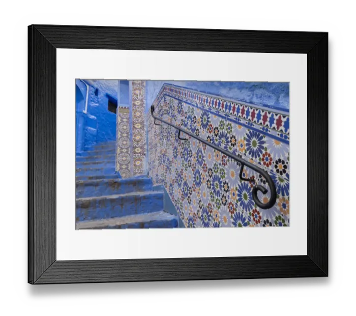 Framed Print : Africa, Morocco, Chefchaouen. Decorated tile wall of stairway Framed Print : Africa, Morocco, Chefchaouen. Decorated tile wall of stairway