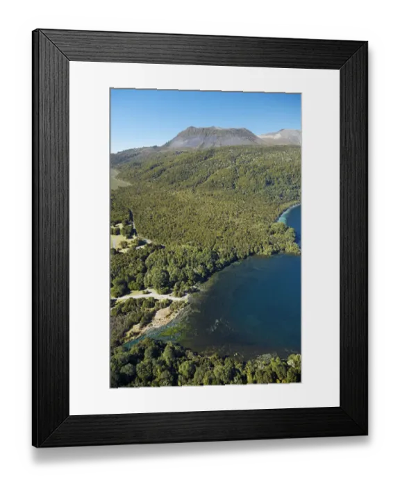 Framed Print : Te Tapahoro Bay, Lake Tarawera flowing into Tarawera River, and Mount Tarawera, near Rotorua