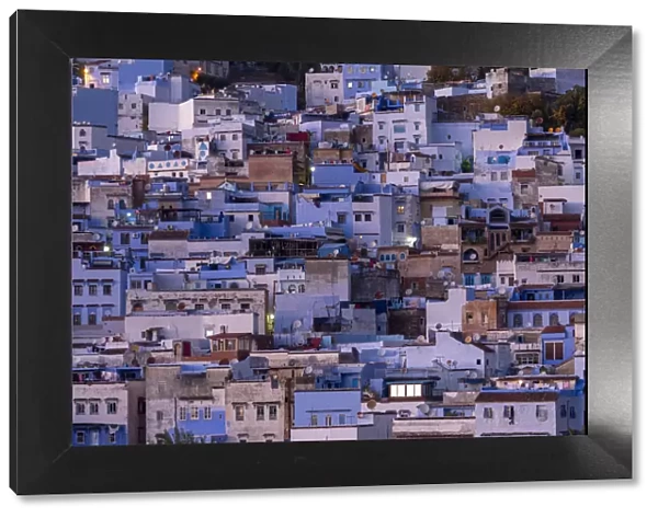 Africa, Morocco, Chefchaouen. Overview of town at twilight
