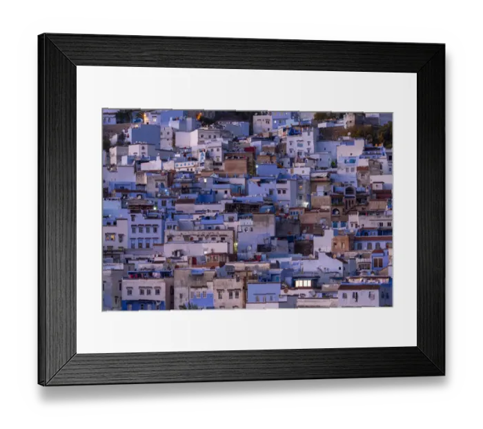 Framed Print : Africa, Morocco, Chefchaouen. Overview of town at twilight Framed Print : Africa, Morocco, Chefchaouen. Overview of town at twilight