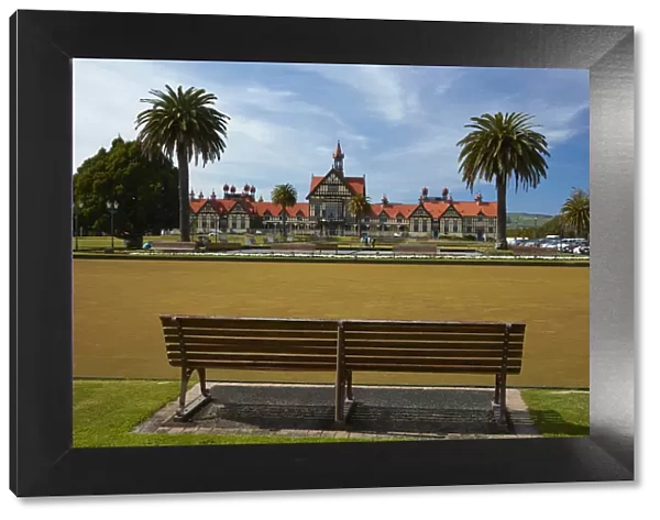 Bath House (Rotorua Museum), park bench, and bowling greens, Government Gardens, Rotorua