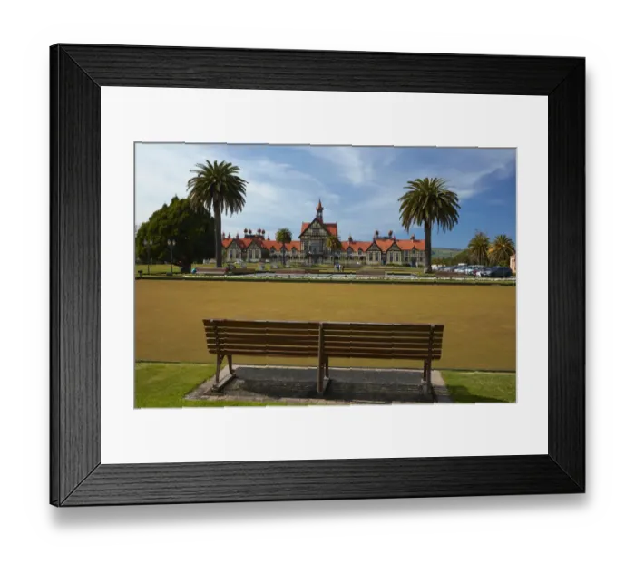 Framed Print : Bath House (Rotorua Museum), park bench, and bowling greens, Government Gardens, Rotorua