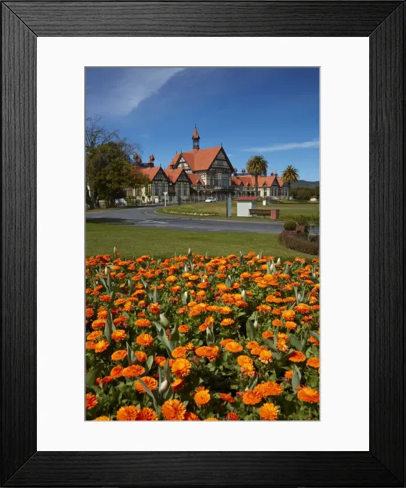 Framed Print : Flower beds and Bath House (Rotorua Museum), Government Gardens, Rotorua, North Island Framed Print : Flower beds and Bath House (Rotorua Museum), Government Gardens, Rotorua, North Island