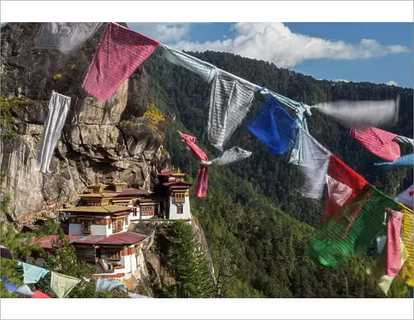Bhutan, Paro. Prayer flags fluttering at the cliffs edge across from Taktsang Monastery