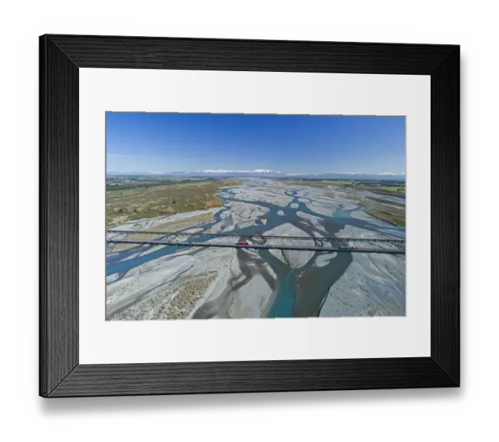 Framed Print : Road and rail bridges across Rakaia River, Rakaia, and Southern Alps, Mid Canterbury