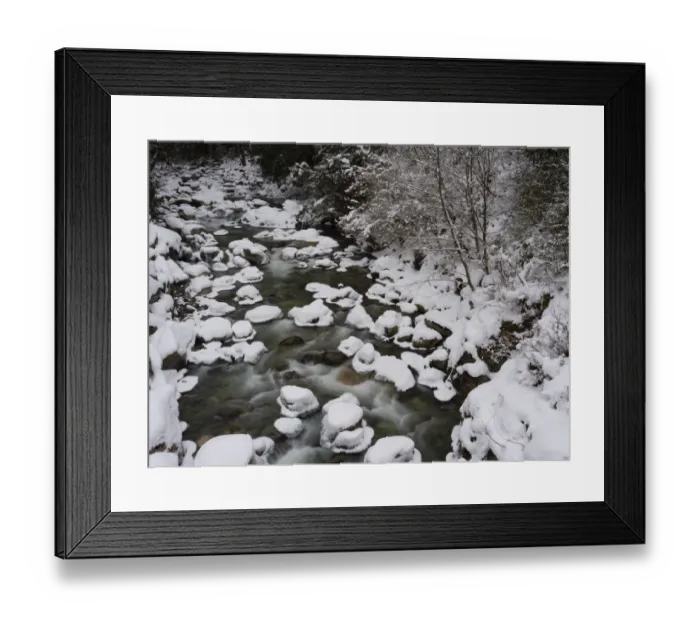 Framed Print : Long exposure of river in winter in Squamish, British Columbia, Canada Framed Print : Long exposure of river in winter in Squamish, British Columbia, Canada