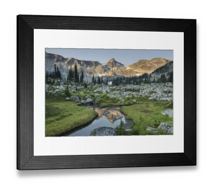 Framed Print : Mountains reflected in creek, subalpine meadows of Marriott Basin, Coast Mountains Framed Print : Mountains reflected in creek, subalpine meadows of Marriott Basin, Coast Mountains