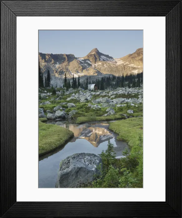 Framed Print : Mountains reflected in creek, subalpine meadows of Marriott Basin, Coast Mountains