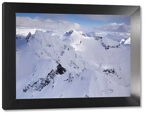 Aerial view of deep snow in the Coast Mountains, near Squamish and Whistler, British Columbia