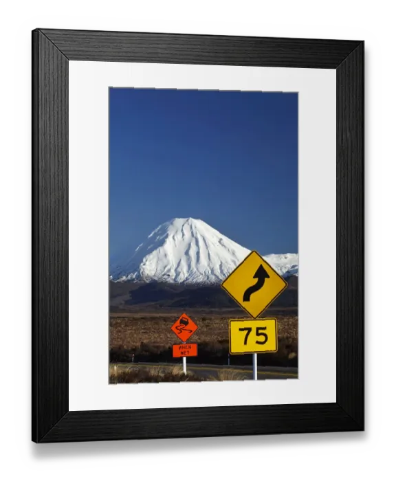 Framed Print : Road signs on Desert Road and Mt. Ngauruhoe, Tongariro National Park, Central Plateau Framed Print : Road signs on Desert Road and Mt. Ngauruhoe, Tongariro National Park, Central Plateau