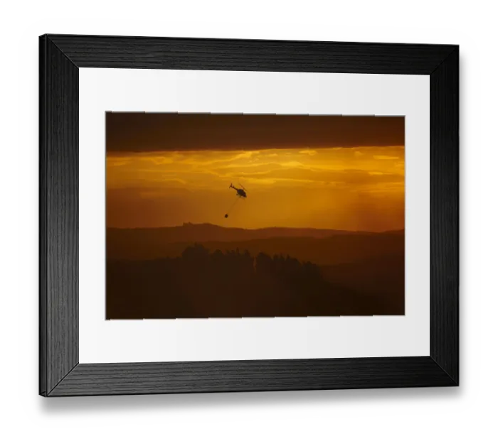 Framed Print : Smokey sunset and helicopter fighting fire at Burnside, Dunedin, South Island, New Framed Print : Smokey sunset and helicopter fighting fire at Burnside, Dunedin, South Island, New