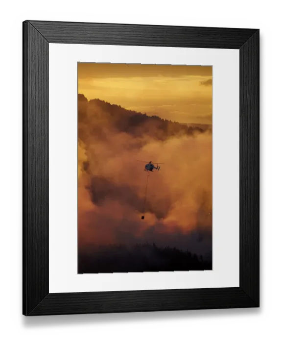 Framed Print : Smokey sunset and helicopter fighting fire at Burnside, Dunedin, South Island, New Framed Print : Smokey sunset and helicopter fighting fire at Burnside, Dunedin, South Island, New