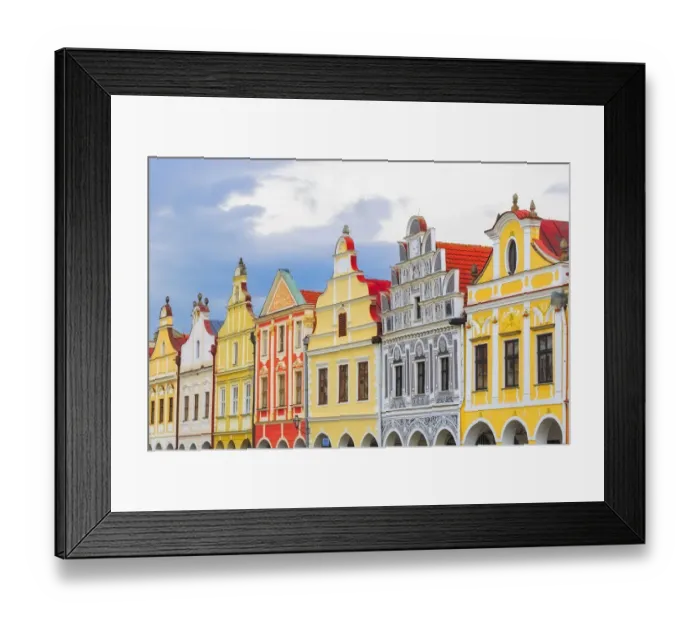 Framed Print : Europe, Czech Republic, Telc. Colorful houses on main square
