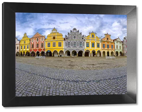 Europe, Czech Republic, Telc. Panoramic of colorful houses on main square. Credit as