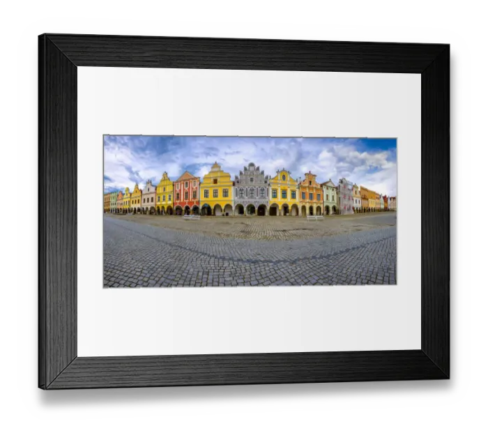 Framed Print : Europe, Czech Republic, Telc. Panoramic of colorful houses on main square. Credit as
