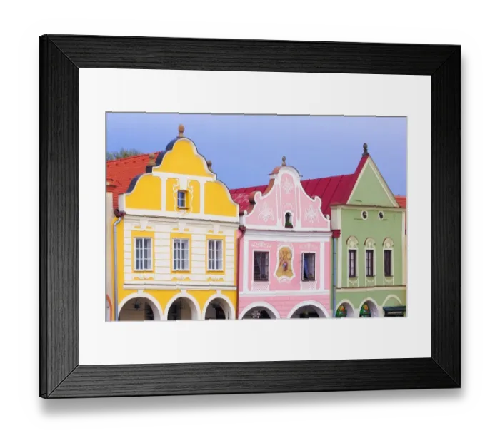 Framed Print : Czech Republic, Telc. Colorful houses on main square Framed Print : Czech Republic, Telc. Colorful houses on main square