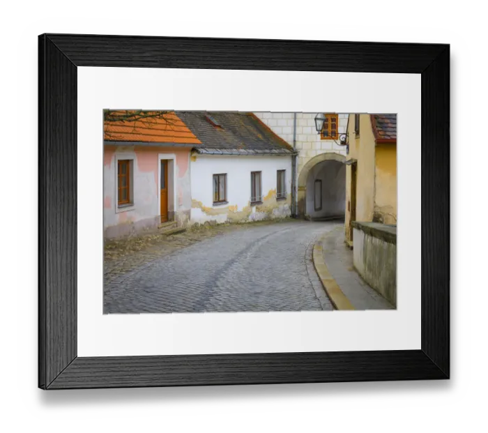 Framed Print : Czech Republic, Telc. Town road past houses Framed Print : Czech Republic, Telc. Town road past houses