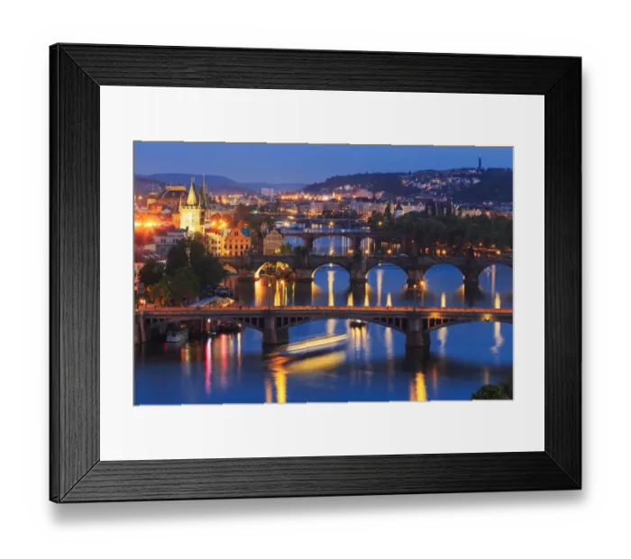 Framed Print : Europe, Czech Republic, Prague. Sunset on city and river bridges
