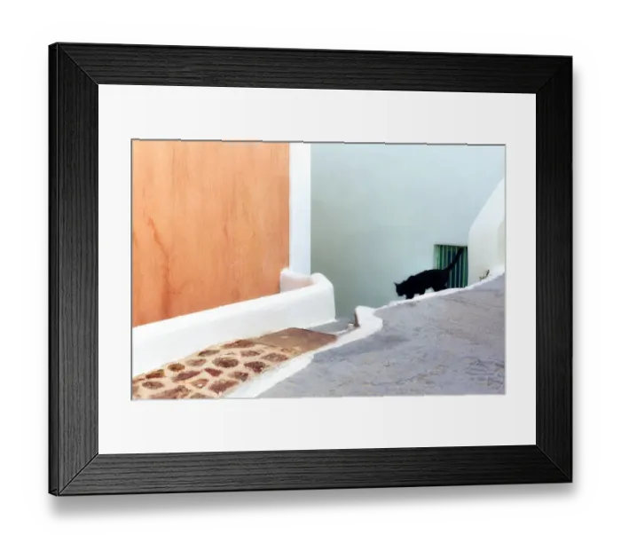 Framed Print : Greece, Santorini. Black cat descending stairway Framed Print : Greece, Santorini. Black cat descending stairway
