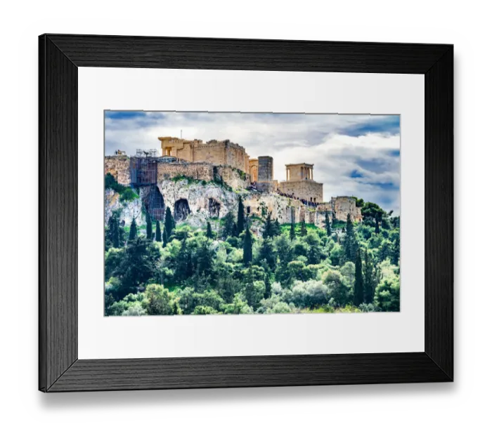 Framed Print : Acropolis, green trees, hill from Agora Temple of Athena Nike Propylaea Athens Greece